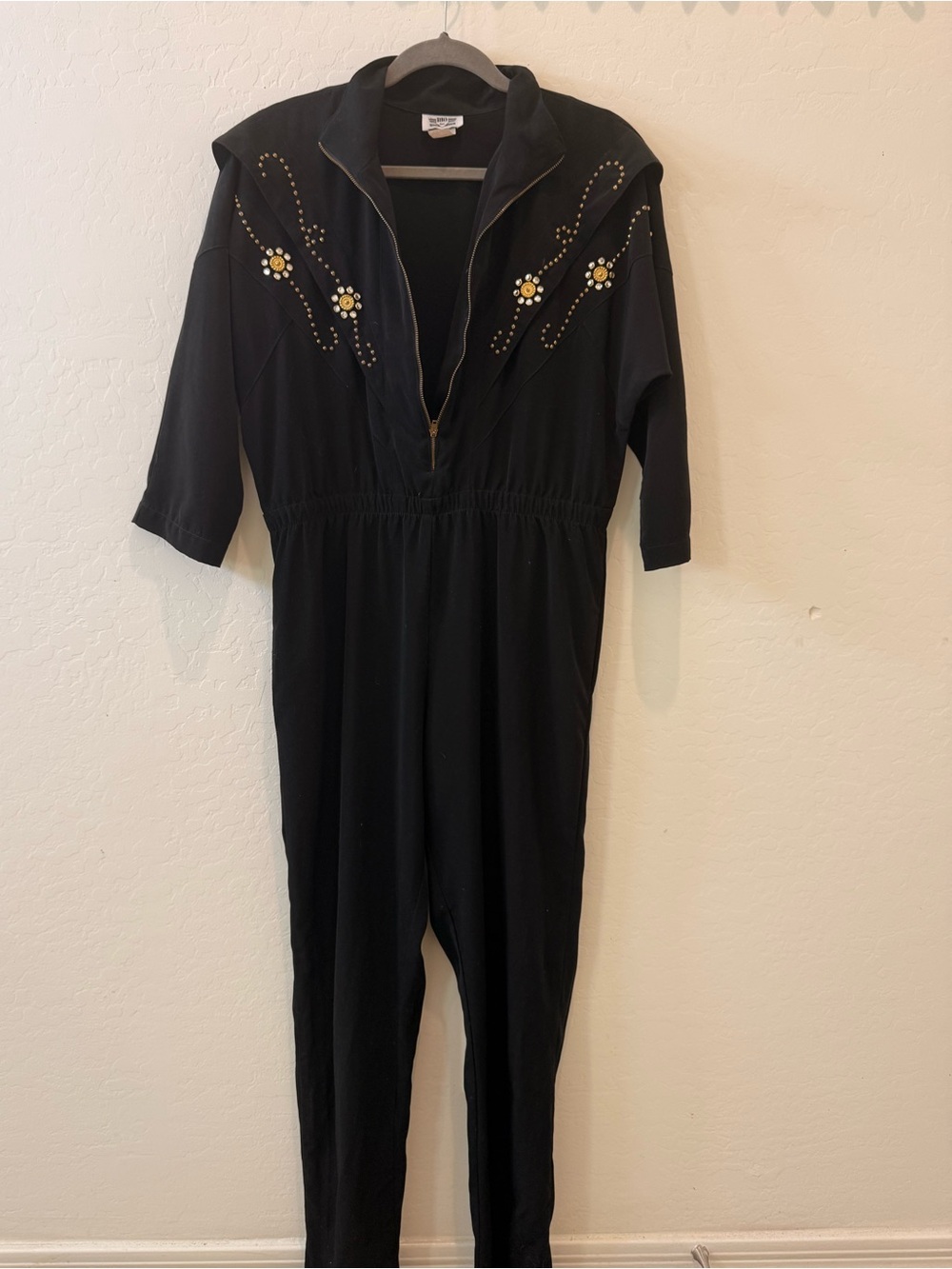 Vintage 90s Rio Black Embellished Jumpsuit with Gold Floral Accents